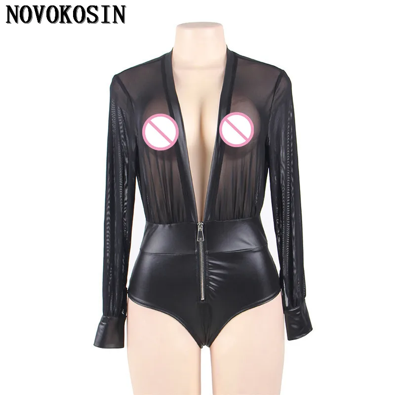 

OY108 M-5XL 2018 Plus Size Sexy Bodysuit Front Zipper Club Wear Top Organza Patchwork Faux Erotic Leather Panties Long Sleeves