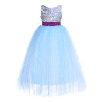 

Cutestyles Girl Summer Long Dress Silver Sequined Blue Tulle Wedding Party Princess Dress Girl Evening Ball Gown -1198