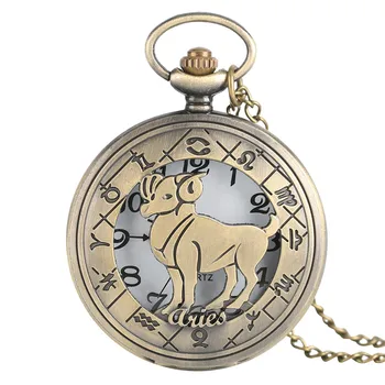 

Twelve Constellations Aries Design Quartz Pocket Watch Sheep Bronze Hollow Fob Hour Men Women + Necklace Chain 2017
