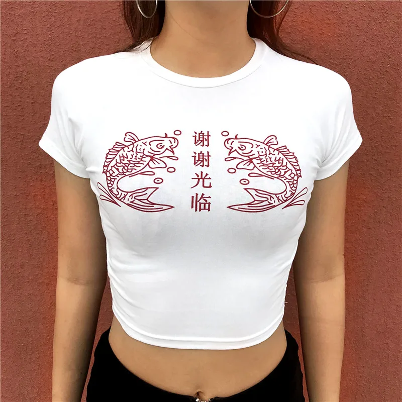 Weekeep, модная женская белая футболка с тонкой талией, летняя хлопковая укороченная майка с принтом китайских персонажей, укороченная майка с круглым вырезом, Женский Топ