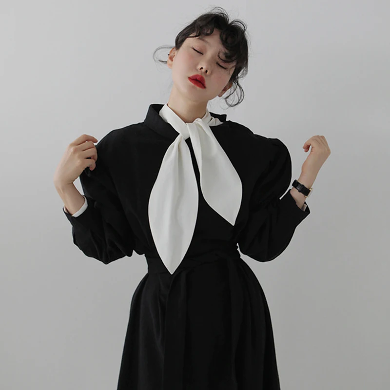 

Nice Lady Little Black Dress Spring a Line Puff Sleeve Dress Solid Color Vintage Style Princess Robe Femme Vestido Vestiti