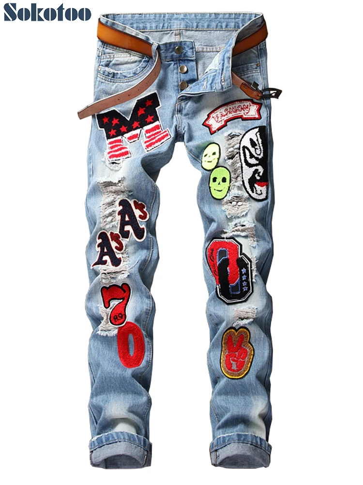 Sokotoo Men's badge patches buttons fly slim jeans Trendy light blue holes ripped distressed denim straight pants Sokotoo Men's badge patches buttons fly slim jeans Trendy light blue holes ripped distressed denim straight pants