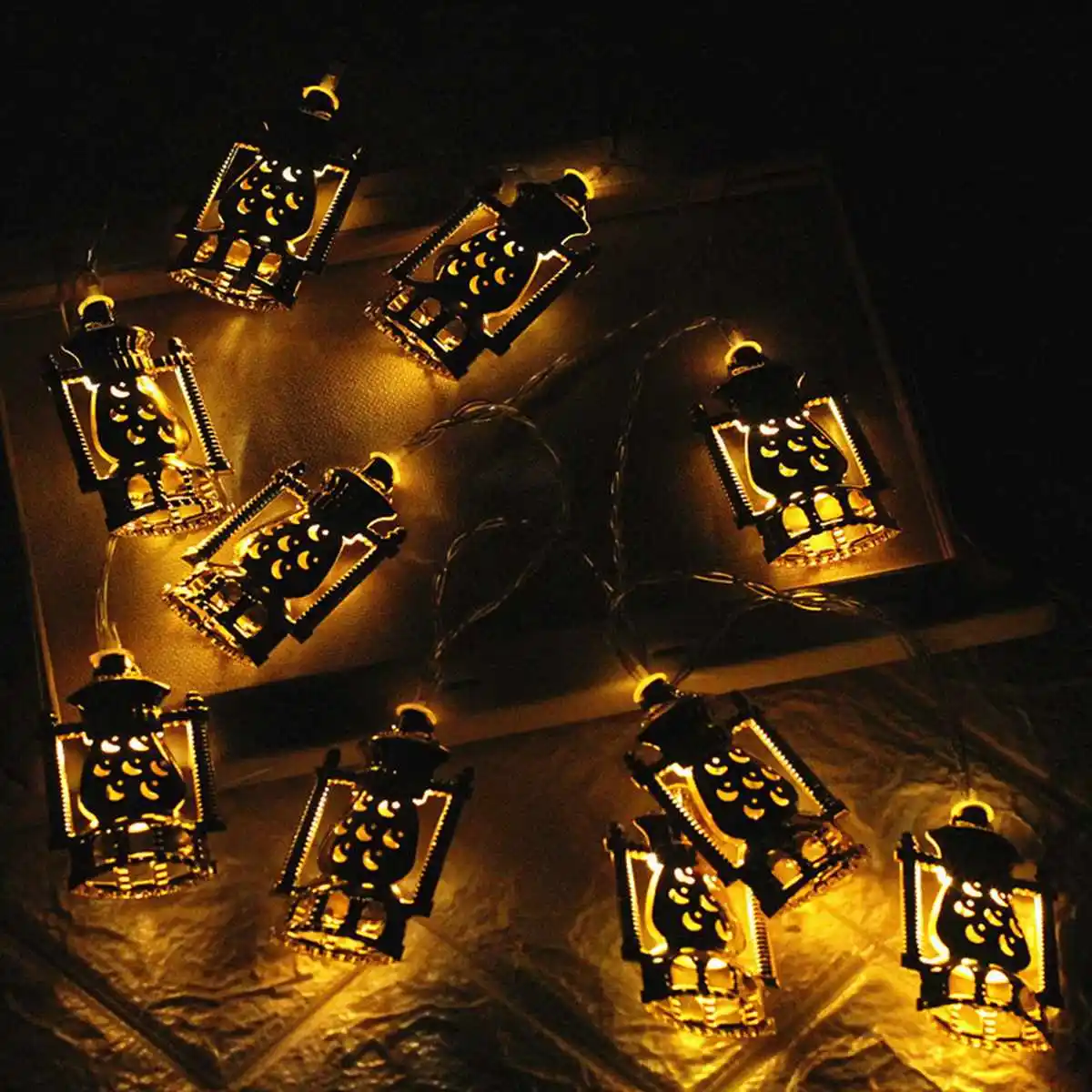 

LED Party Lights Muslim Ramadan String Lights Golden Wrought Iron Oil Lamp Shape Light Decoration for Birthday Festival