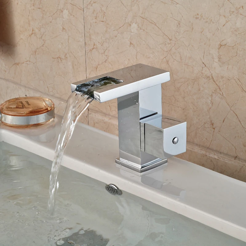 

Slices Style Waterfall Chrome Bathroom Basin Faucet Square Handles Vanity Sink Mixer Tap