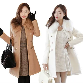

New Spring Autumn Women Woolen Coats Removable Fur Collar Slim Wool Blend Jakcet Ladies Double Breasted Windbreaker Trench Coat