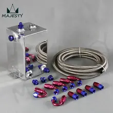 4L Aluminium Universal Complete 6AN Fuel Surge Tank 4 Litre Swirl Port+5m fuel/oil line+hose end / adapter System blue and red