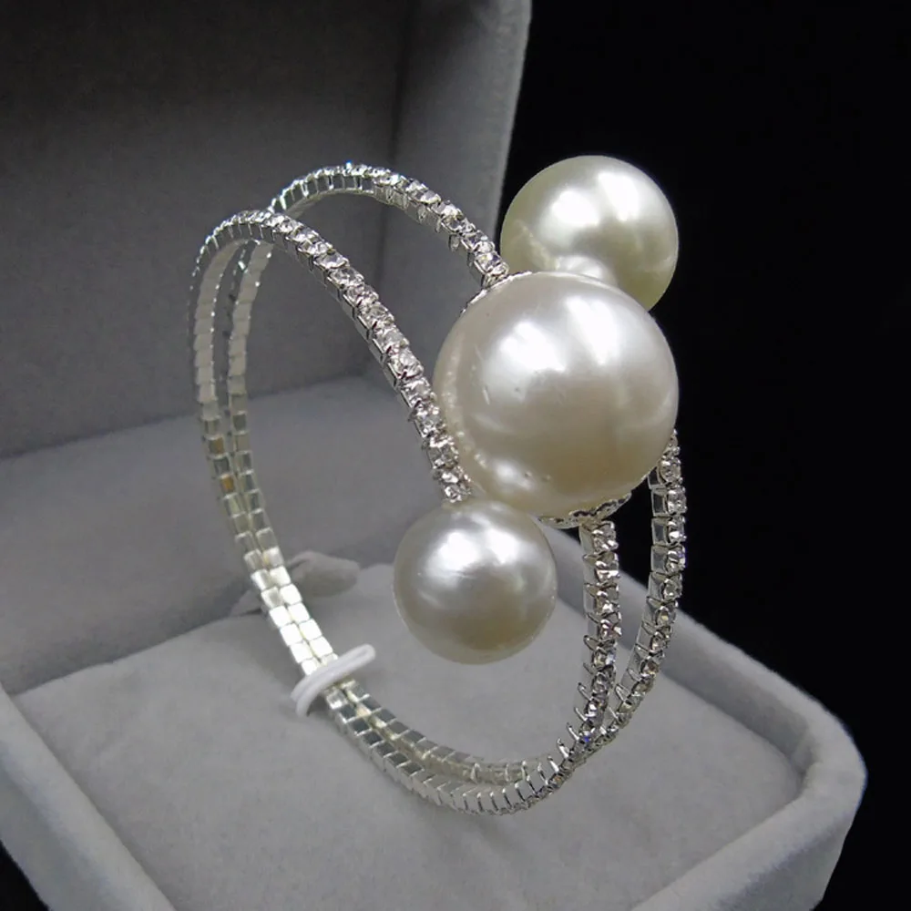 

New Bride Weeding Rhinestone Imitation Pearl Bohemia Jewelry Exaggerated Open Cuff Bracelet Winding Bangle for Women Fashion Hot