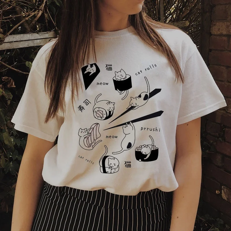 

kuakuayu HJN Sushi and Cat Animal Cute Cartoon Anime White Soft Slogan T-Shirt Summer Japanese Shirt Kawaii Grunge Graphic Tops