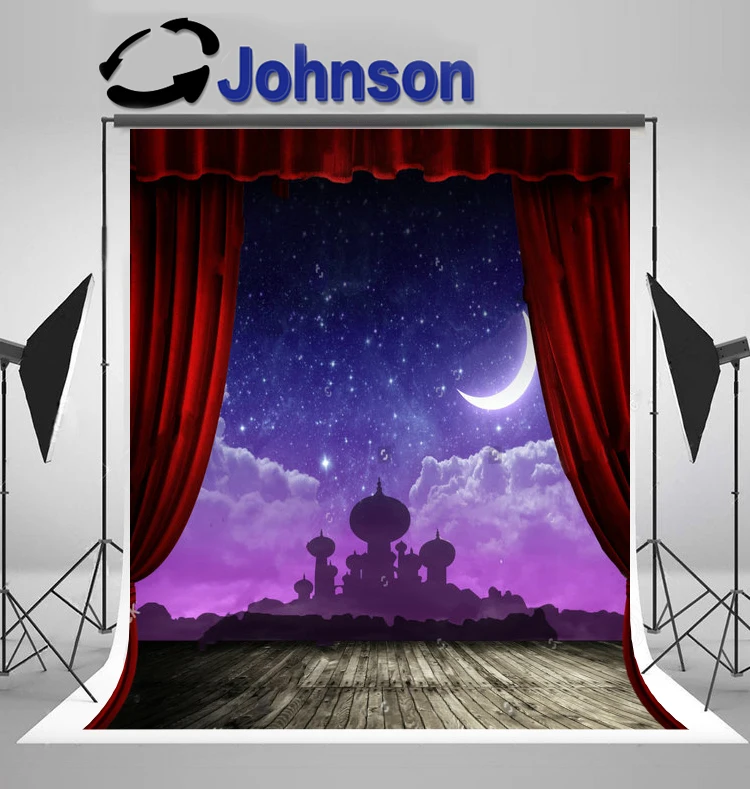 

wall background High quality Computer print Night Sky Crescent Moon Aladdin Red Curtain Stage Natural Rustic Wood backdrop