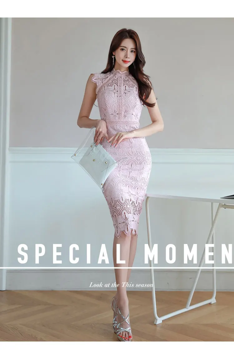Женское сексуальное элегантное кружевное просвечивающее платье-карандаш, летнее Новое приталенное однотонное корейское облегающее платье C554