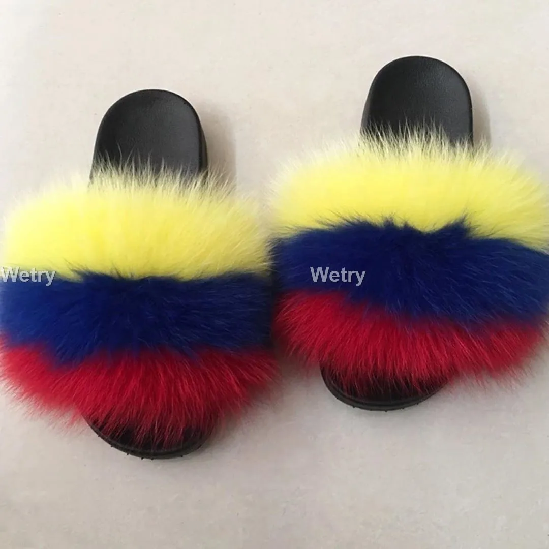 

2019 Real Fox Slippers Fluffy Slippers Fox Fur Slides Fuzzy Sliders Soft Plush Fur Mules Summer Shoes Women