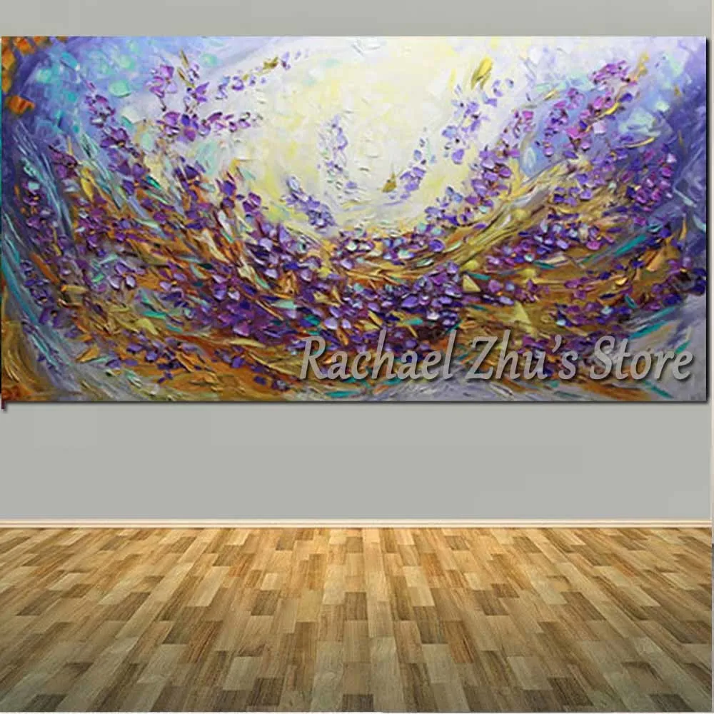 

Large Size Hand Painted Landscape Purple Flowers Abstract Oil PaintingTextured Palette Knife Wall Picture Living Room Home Decor