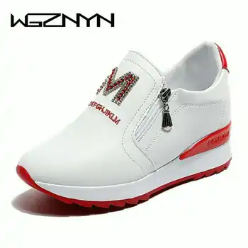 

2020 NEW Women Genuine Leather Wedge High Heel Women Shoes Platform Sneakers Increased Internal Zipper Moccasins Shoes Woman W04