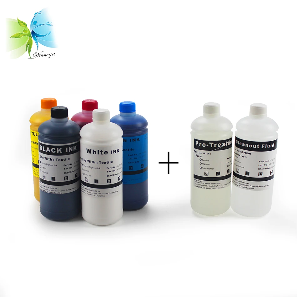 

Winnerjet textile ink(BK C M Y WH)+ 1 Liter pretreatment liquid+ 1 Litercleaning liquid dtg for Epson F2000 L1800 R1800 R1900