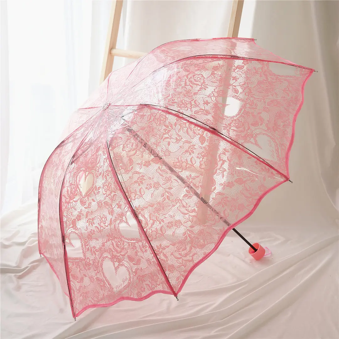 

Summer Lace Skirt Edge White Transparent Love Printing Three Fracture Stack Umbrella Originality Umbrella Ma'am