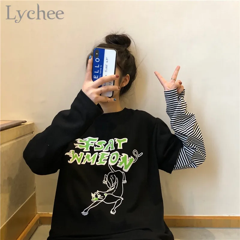 

Lychee Harajuku Stripe Patchwork Letter Female T Shirts O-Neck Long Sleeve Fake Two Pieces Summer Loose Women T-shirt
