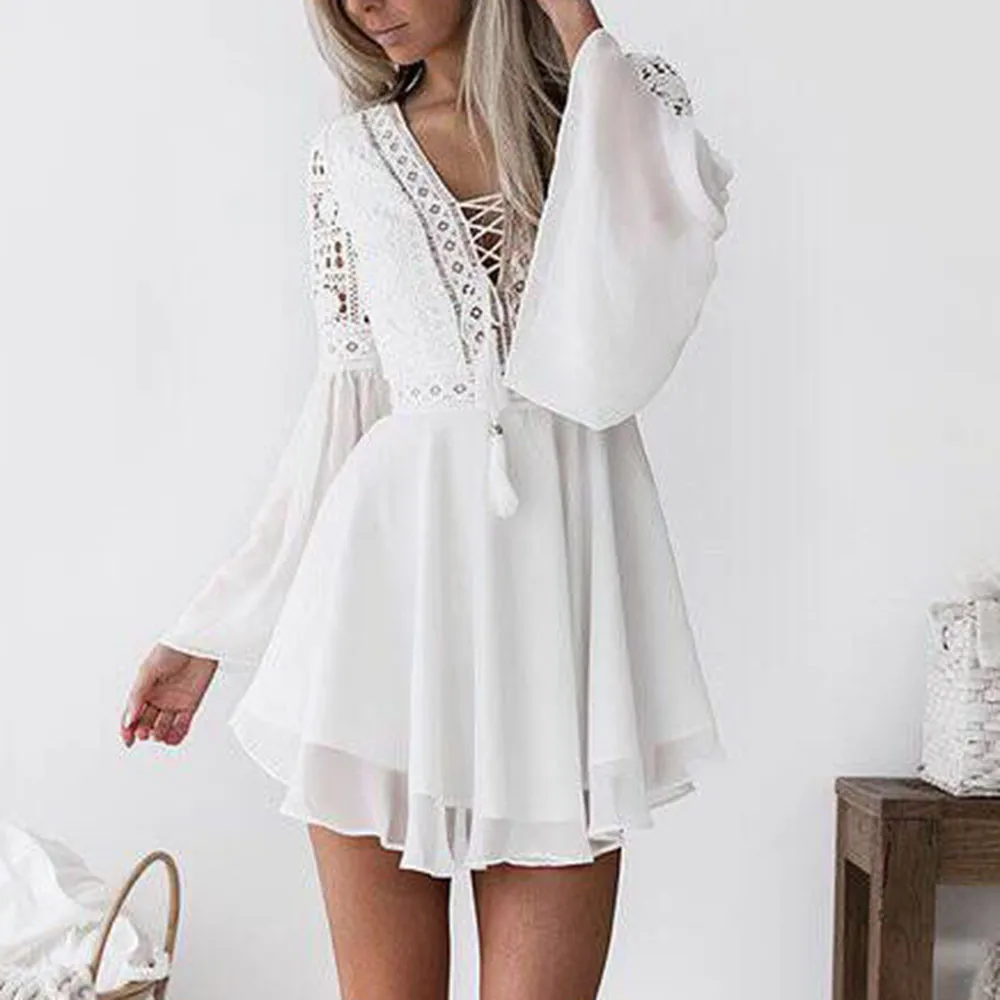 

Dress Sexy Women V-neck White Lace Beach Dresses Summer 2019 Long Sleeve Bodycon Cocktail Party Summer vestidos robe femme