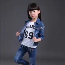 Spring fall Style Girls flowers children clothing set Denim jacket Jean pant t shirt 3 piece