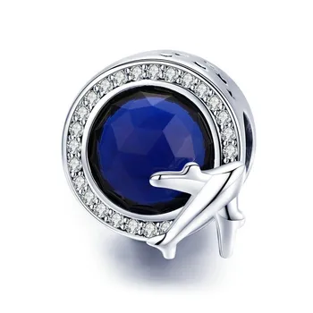 

Real 925 Sterling Silver Round Global Plane Charms Blue CZ Beads Fit Pandora Bracelets Necklaces DIY Jewelry Making SCC895