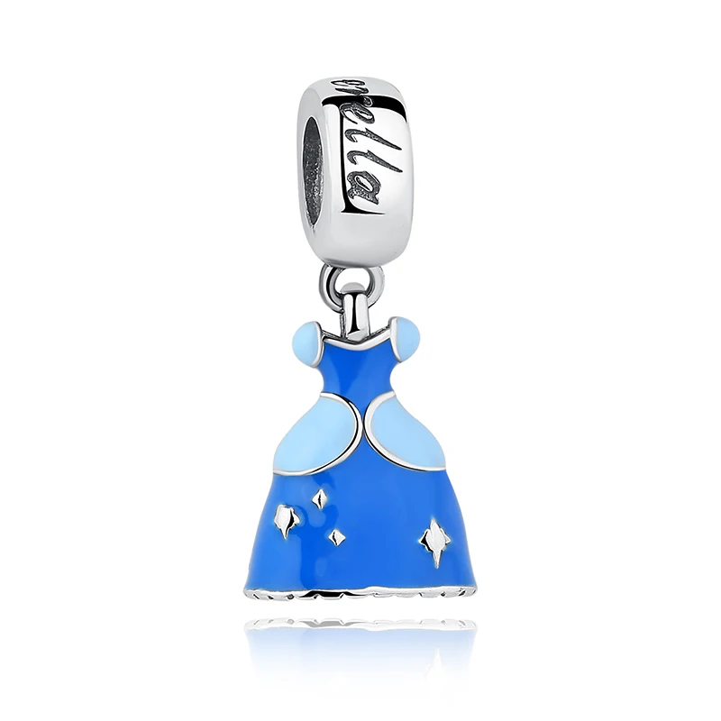 925 Sterling Silver Jewelry Blue Enamel Cinderella Dress Dangle Pendant Charm Fits Pandora Bracelet Necklaces XGPA156 | Украшения и