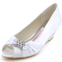 Schnelles Verschiffen WP1403 Peep Toe Braut Party Pumps Prom Abendkleid Keilabsatz Sandalen Strass Satin Frauen Elfenbein Hochzeit Schuhe