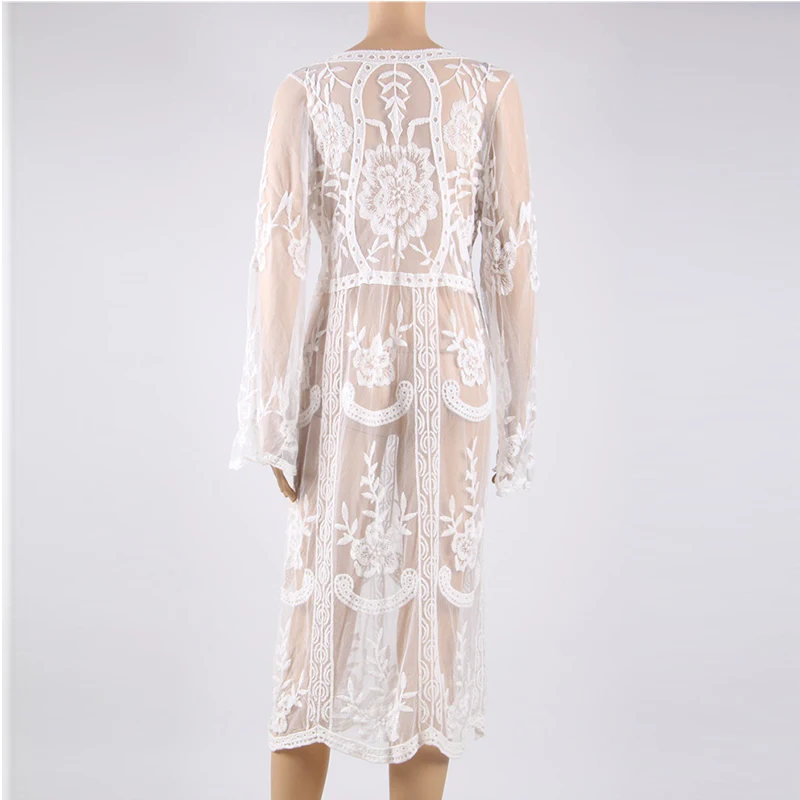 White Lace Long Sleeve Knee Length Loose Beach Dress