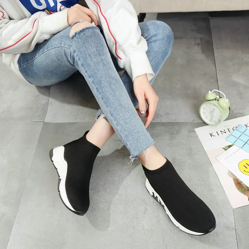 

2019 New brand women knitting black high top Skateboarding Shoes Slip-On sports walking outdoor shoes breathable sneakers CA-76