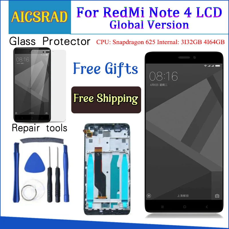 Pаспродажа Протестированный ЖК дисплей + рамка для Xiaomi Redmi Note 4 глобальная версия Snapdragon 625 сенсорный ЖК экран дигитайзер Redmi Note 4X