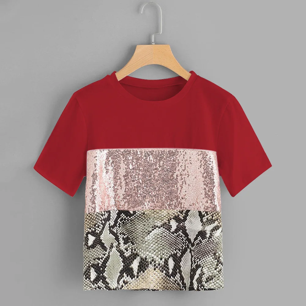 Футболка женская camiseta mujer животных печати большие размеры Pacthwork змея блесток femme