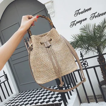 

mylb Bamboo section bucket bag new style hand-carried grass braid summer single shoulder oblique bag summer beach straw bag