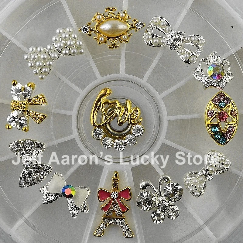 

12PCS Beauty 3D Nail Rhinestones Charm Wheel Metal Nail Art Decoration Accessories Nail Jewelry Bows
