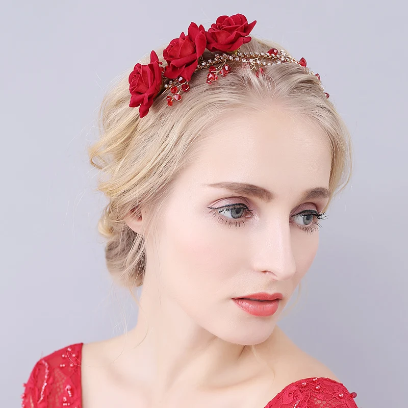 Handmade Elegant Red Flower Wedding Bridal Headband Floral Hair
