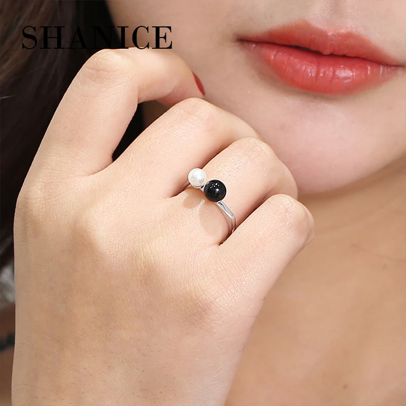 

SHANICE 100% 925 Sterling Silver Round Natural Black and Freshwater Pearl Open Rings for Women bijoux en argent 925