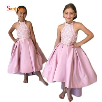 

Halter Pink Satin Flower Girls Dresses High low Skirt Lace Top Sweet Dress Girls Pageant Party Dresses vestido flores D123