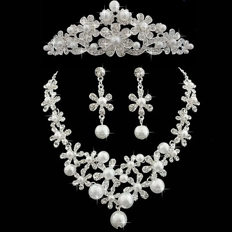 Блестящие Свадебные аксессуары невесты ювелирные изделия жемчуг Кристаллы Свадебные аксессуары набор (корона + ожерелье + серьги)
