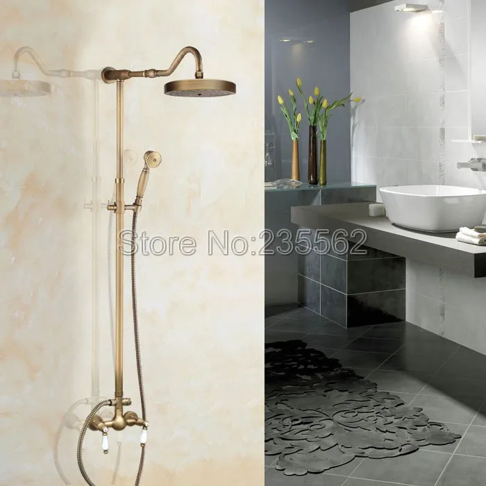 

Antique Brass Bath Shower Faucet Mixer Tap Set with 8 inch Rainfall Shower Head and Handheld Shower Spray Wall Mounted lan514