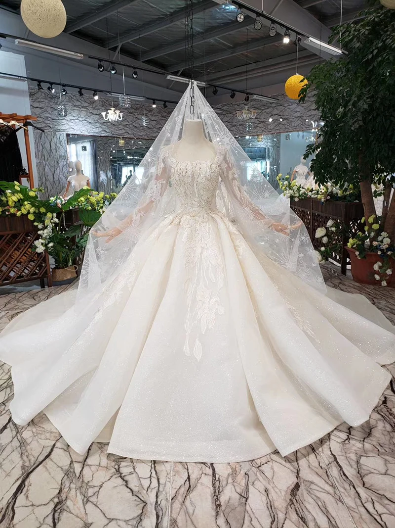 long sleeves ball gown square neck wedding dress with train HTL331 (1)