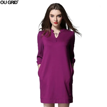 

Autumn Dress 2018 New European Style V-neck Three Quarter Sleeve Women Casual Dress Fashion Elegant Loose Large Size Dresses
