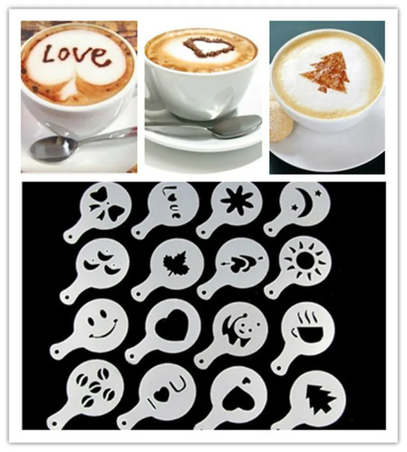 16Pcs Coffee Latte Cappuccino Barista Art Stencils Cake Duster Templates Coffee Tools Accessories Gusto Nespresso Zavarnik Dolce (4)