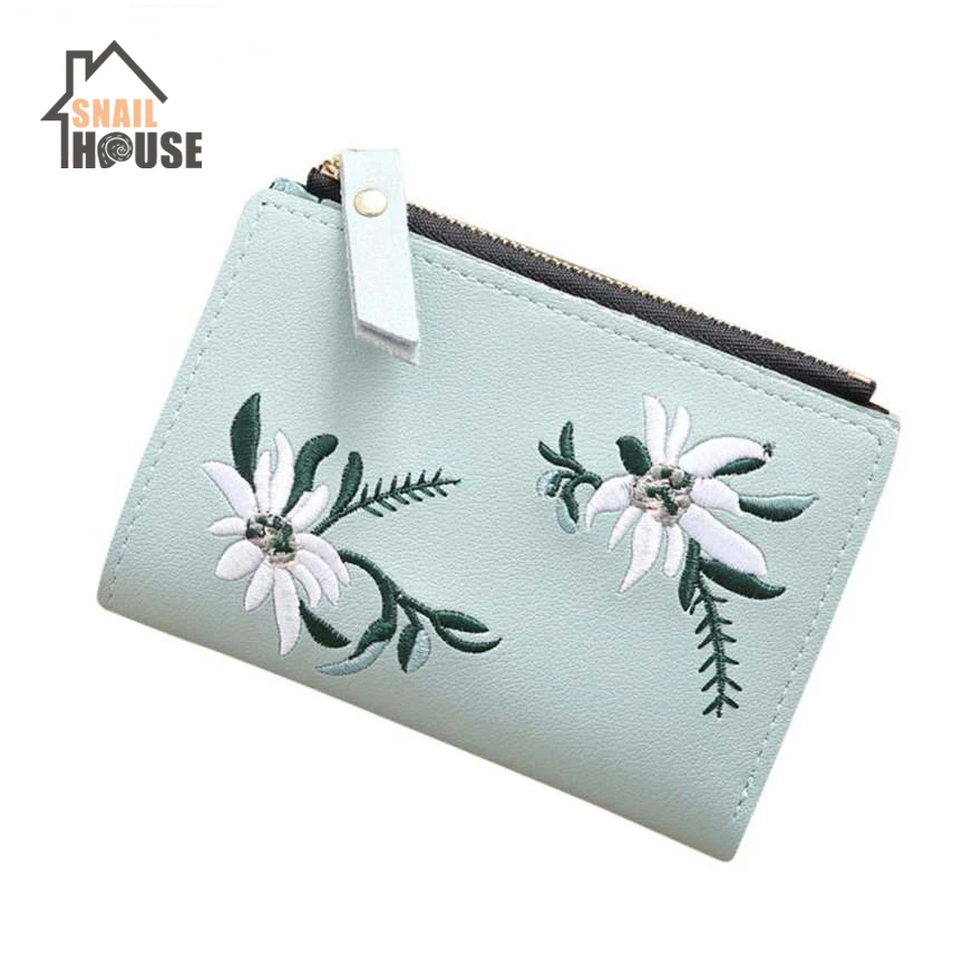 

Snailhouse Embroidery Short Wallet PU Leather Wallets Female Floral Hasp Coin Purse Zipper Bag Card Holders storage bag
