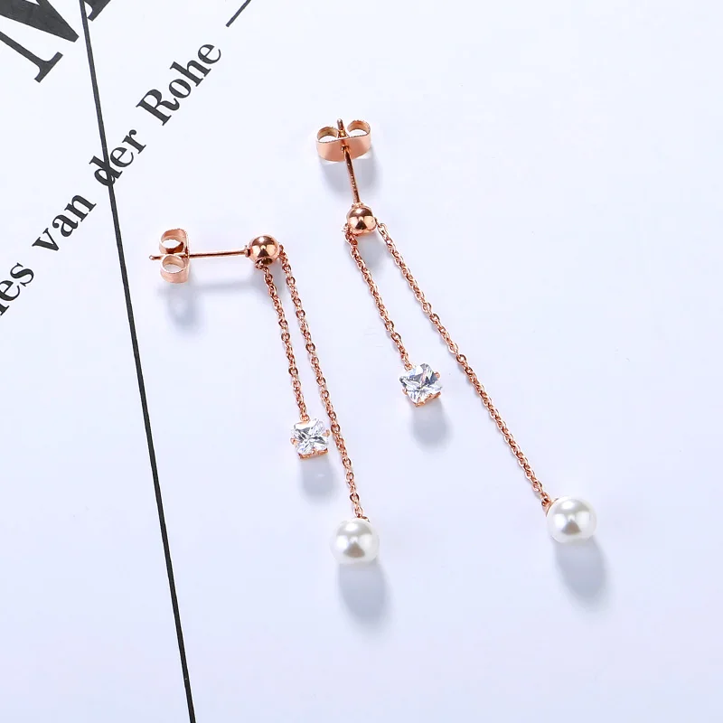 

YUN RUO Brand Rose Gold Color Elegant Pearl Zirconia Tassel Stud Earring for Woman Girl 316 L Stainless Steel Fashion Jewelry