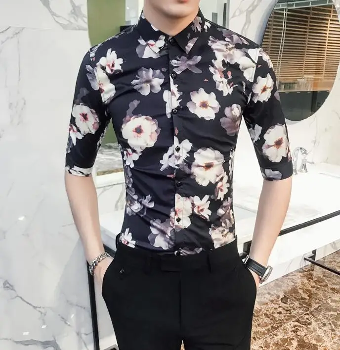 Spring Summer Men's Shirt Floral Printed Flower Tuxedo Shirt Men Slim