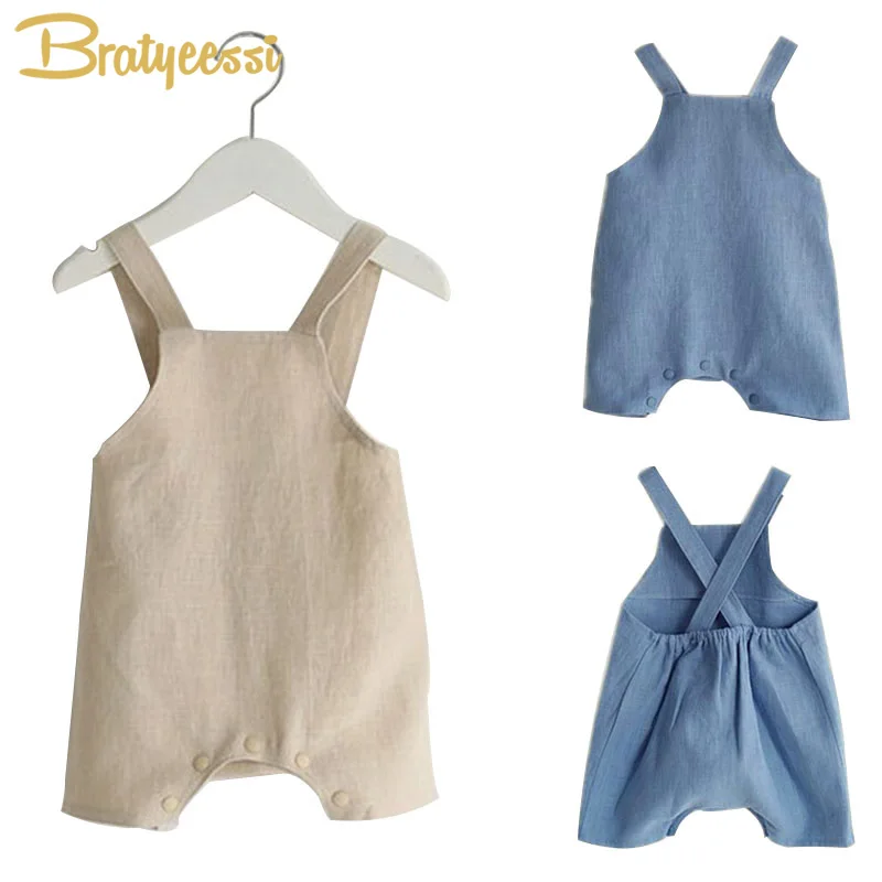 Cotton Linen font b Baby b font Girl Romper Solid Color Suspender Overalls Infant Boy Jumpsuit