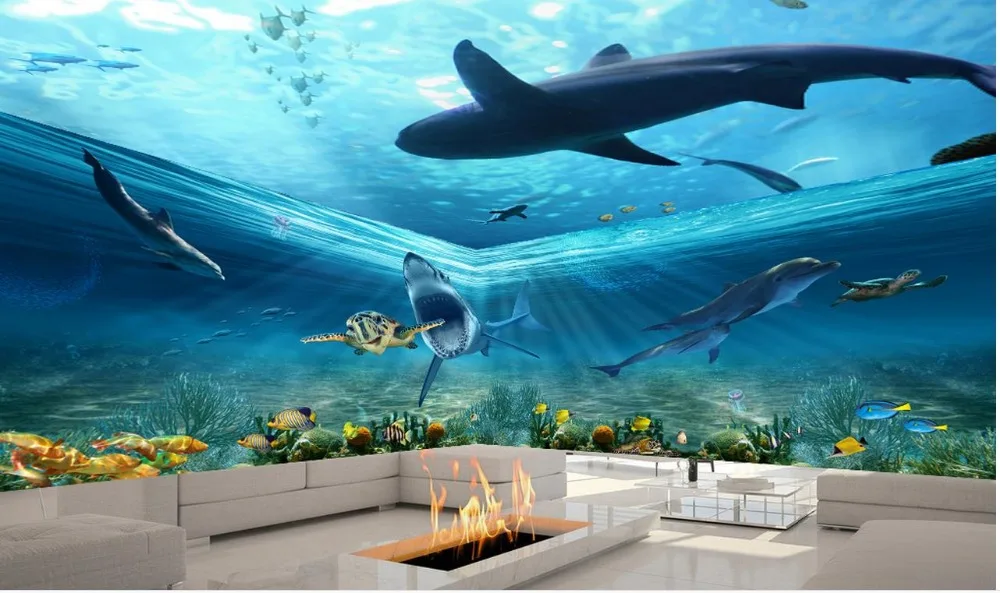 Custom 3d photo wall paper Ocean shark dolphin theme space TV backdrop mural wallpaper Non woven wallpaper custom 3d architectural space universe starry sky landscape mural modern living room bedroom backdrop photo wallpaper for walls