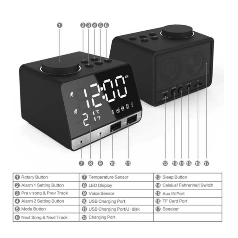 K11 Bluetooth 4,2 радио будильник динамик с 2 usb-портами светодиодный цифровой будильник домашний декор Повтор Настольные часы