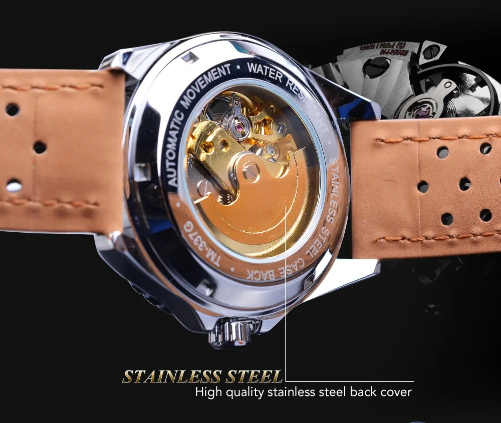 Forsining Creative Mechanical Sport Watches Men's Automatic Half Color Dial Brown Leather Band Racing Outdoor Watch Reloj Hombre_voghion.com