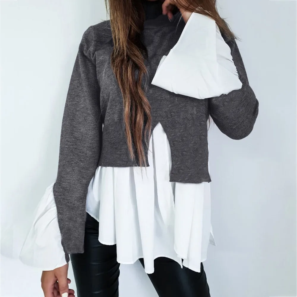 

2018 Autumn Women T Shirt Butterfly Sleeve Frill Hem Jumper Casual High Neck Ladies T-Shirt Long Sleeve Shirt Pullover