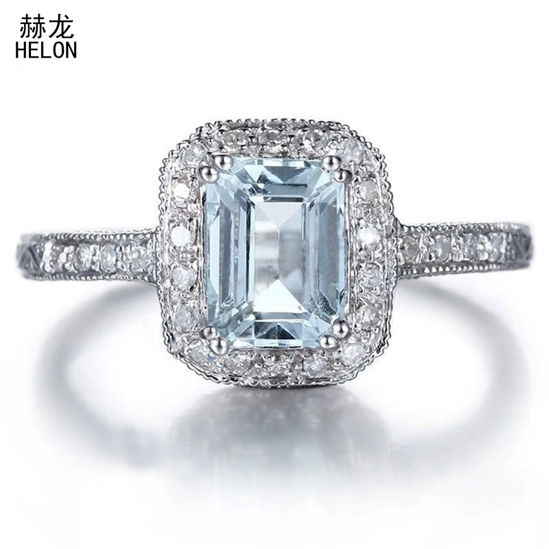 Одноцветное 10K белое золото безупречное Изумрудное кольцо 7x5 мм 1.23ct Аквамарин