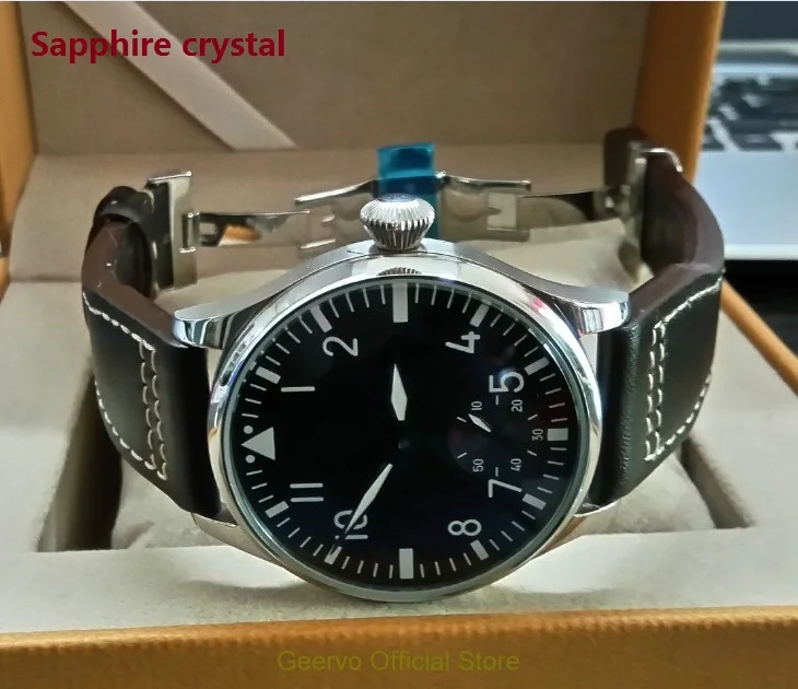 

Sapphire crystal 44mm GEERVO black dial Asian 6497 17 jewels Mechanical Hand Wind movement men's watch green luminous 074A