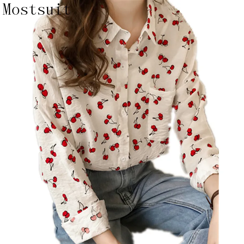 

M-4xl Cherry Print Blusas Mujer Plus Size Women Casual Office Elegant Kawaii Blouses Long Sleeve Pocket Loose Shirt Tops 2018